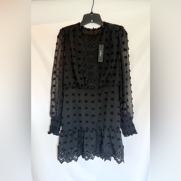 Lulu's Lust or Love Black Embroidered Lace Long Sleeve Dress Women's Size Medium - Picture 4 of 10